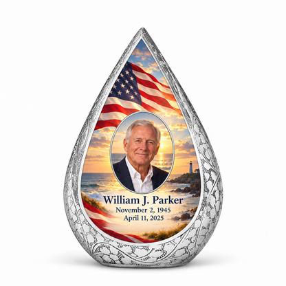 Personalized American flag Straight Drop urn, 1 Keepsake 3 inch Urn; sample portrait and memorial text