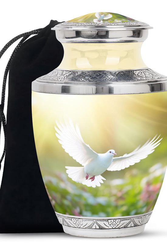 Peaceful White Dove Cremation Urn - Golden Memorial Urn For Human Ashes