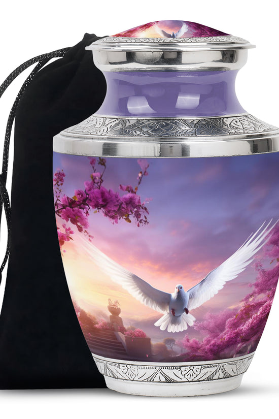 Cherry Blossom Dove Memorial Urn - Purple Aluminum Urn For Burial