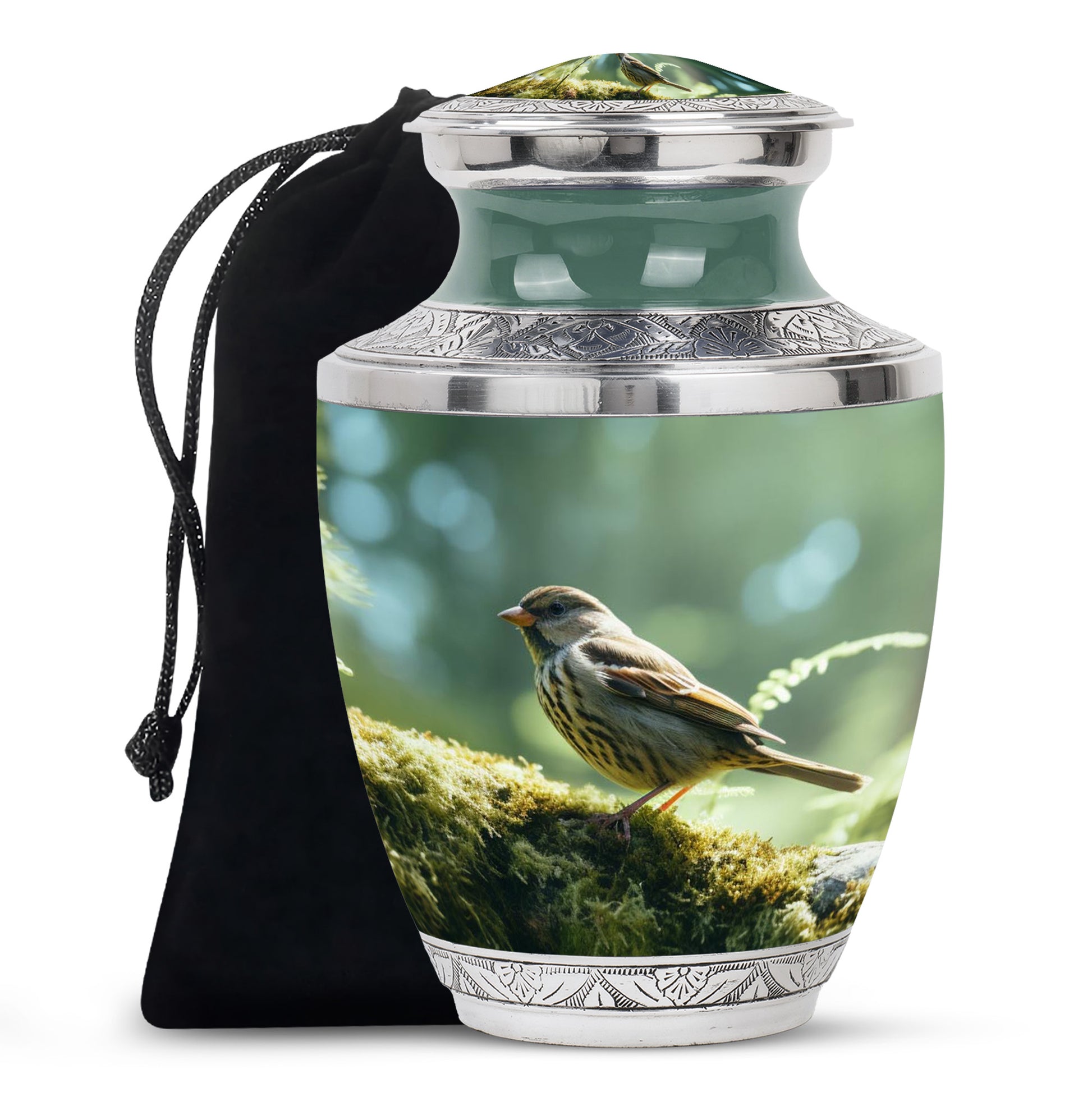 Forest Sparrow Funeral Urn - Aluminium Memorial Urn For Adult Ashes