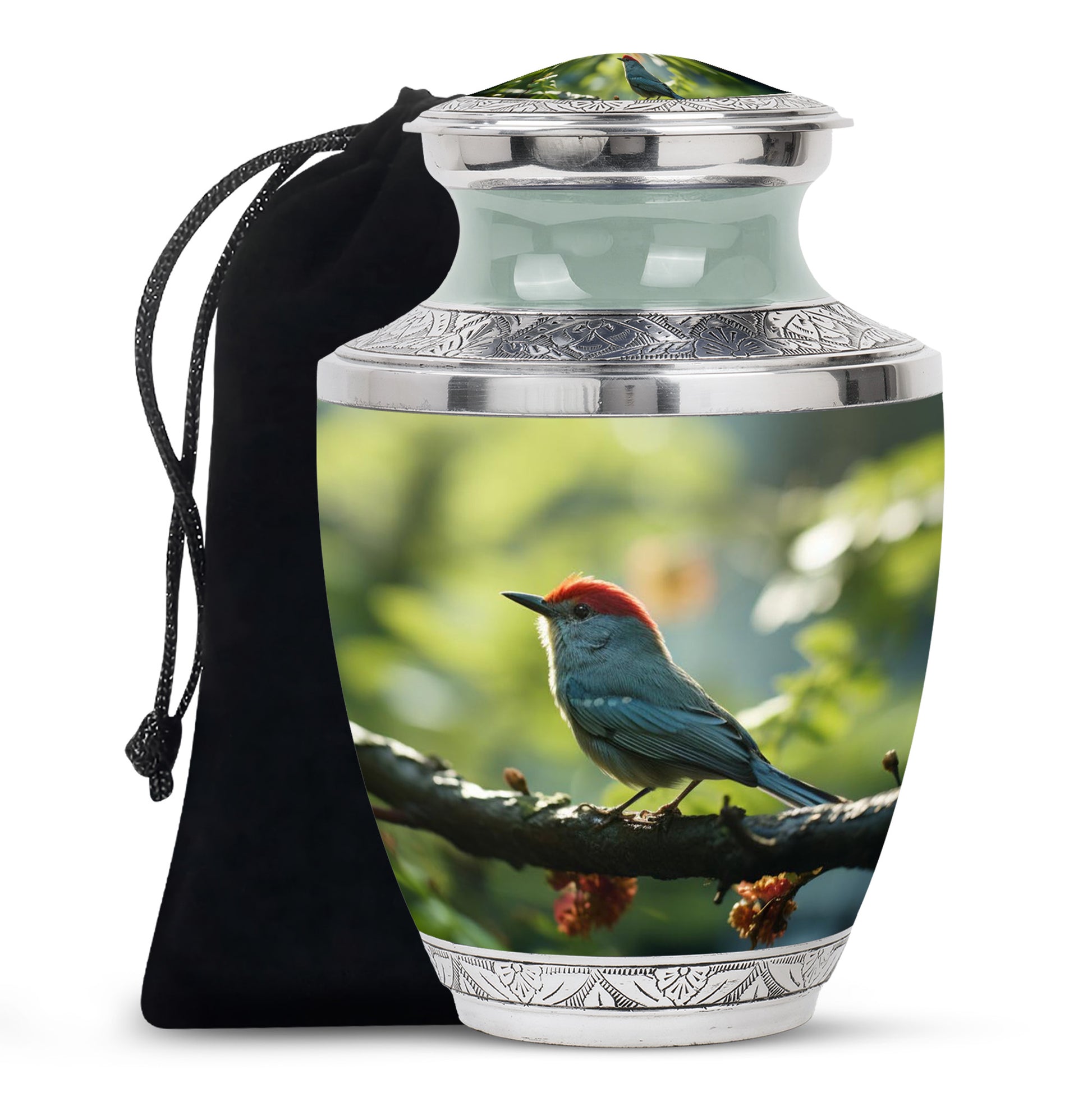 Green Sparrow Bird Memorial Urn - Large Funeral Urn For Human Ashes