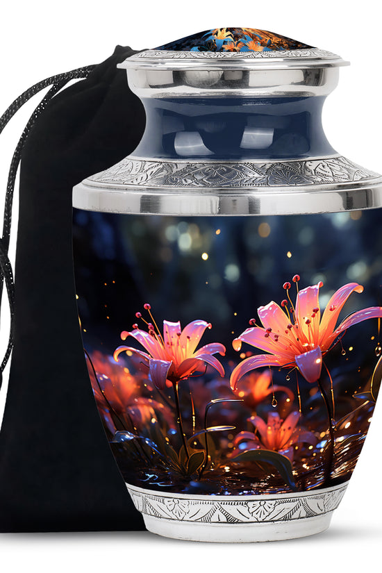 White Lily Cremation Aluminum Urn - Large Funeral Urn For Ashes