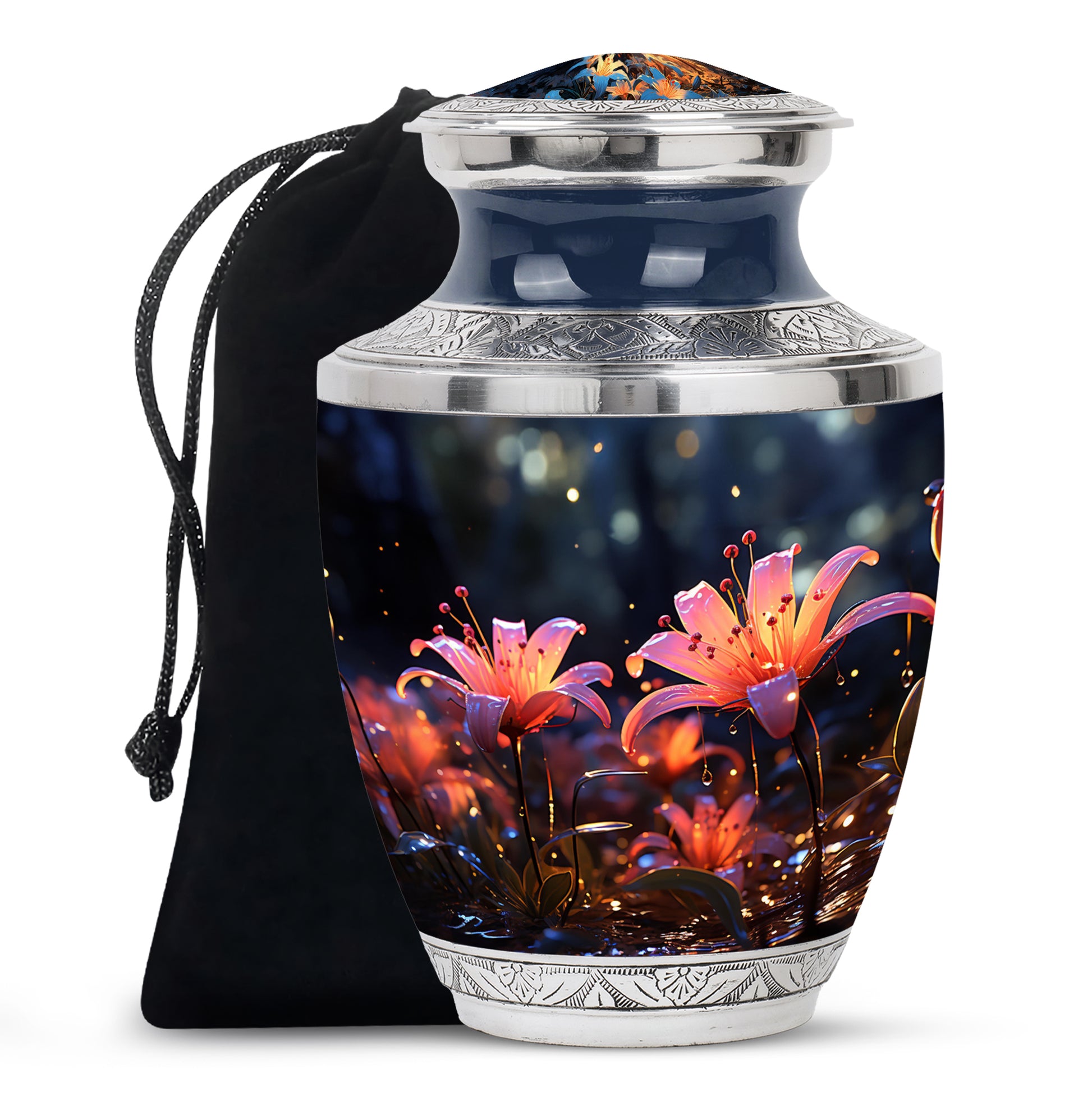White Lily Cremation Aluminum Urn - Large Funeral Urn For Ashes