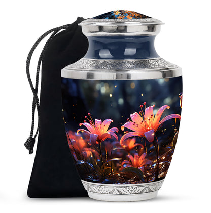 White Lily Cremation Aluminum Urn - Large Funeral Urn For Ashes