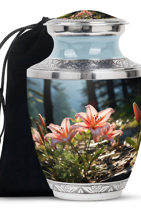 Pink Lily Aluminium Urn For Ashes - Large Floral Memorial Urn