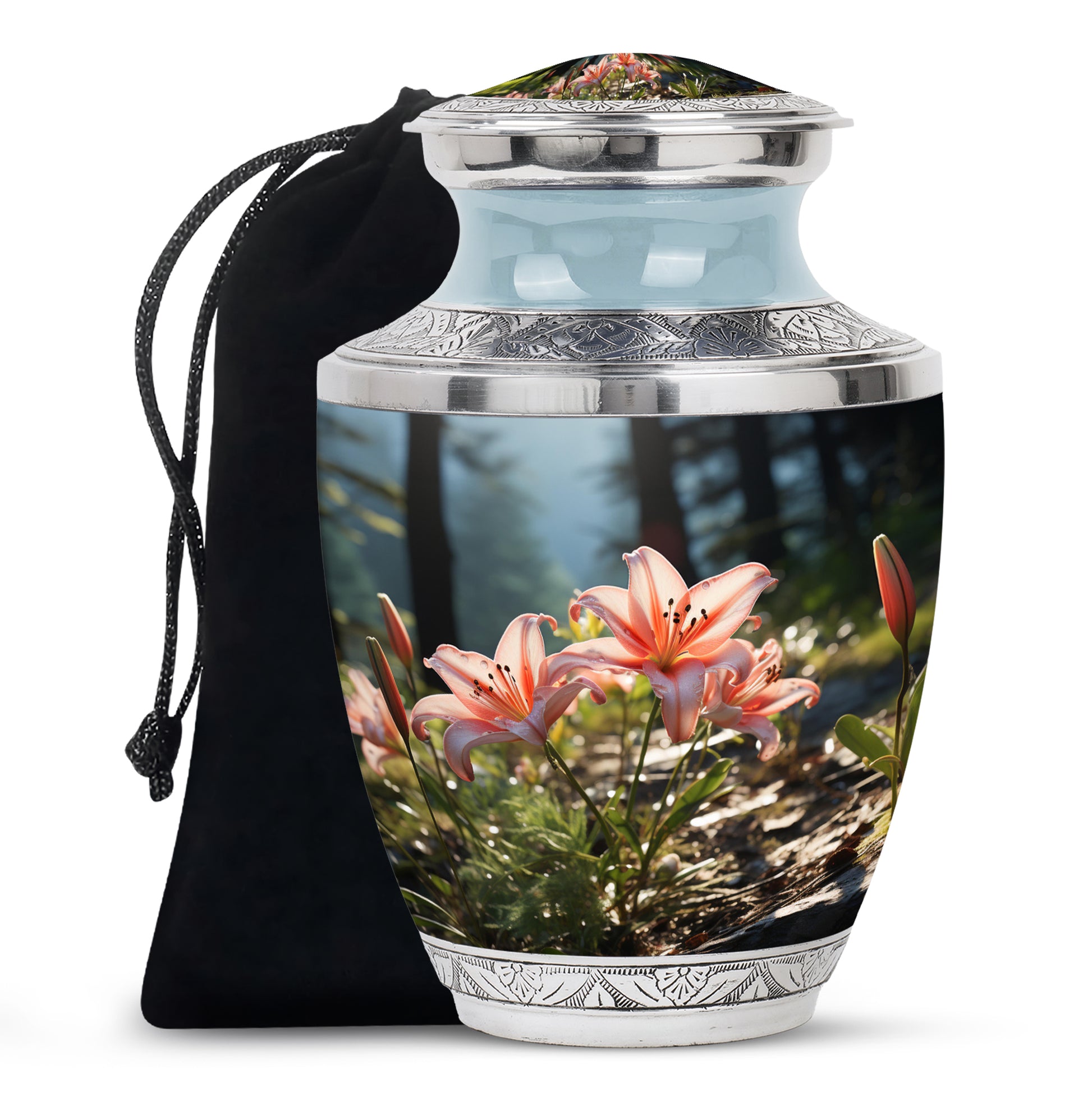 Pink Lily Aluminium Urn For Ashes - Large Floral Memorial Urn