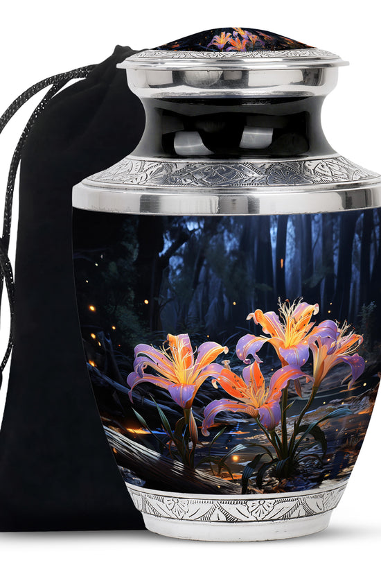 Beautiful Lily Theme Funeral Urn - Aluminum Memorial Urn For Adult Ashes