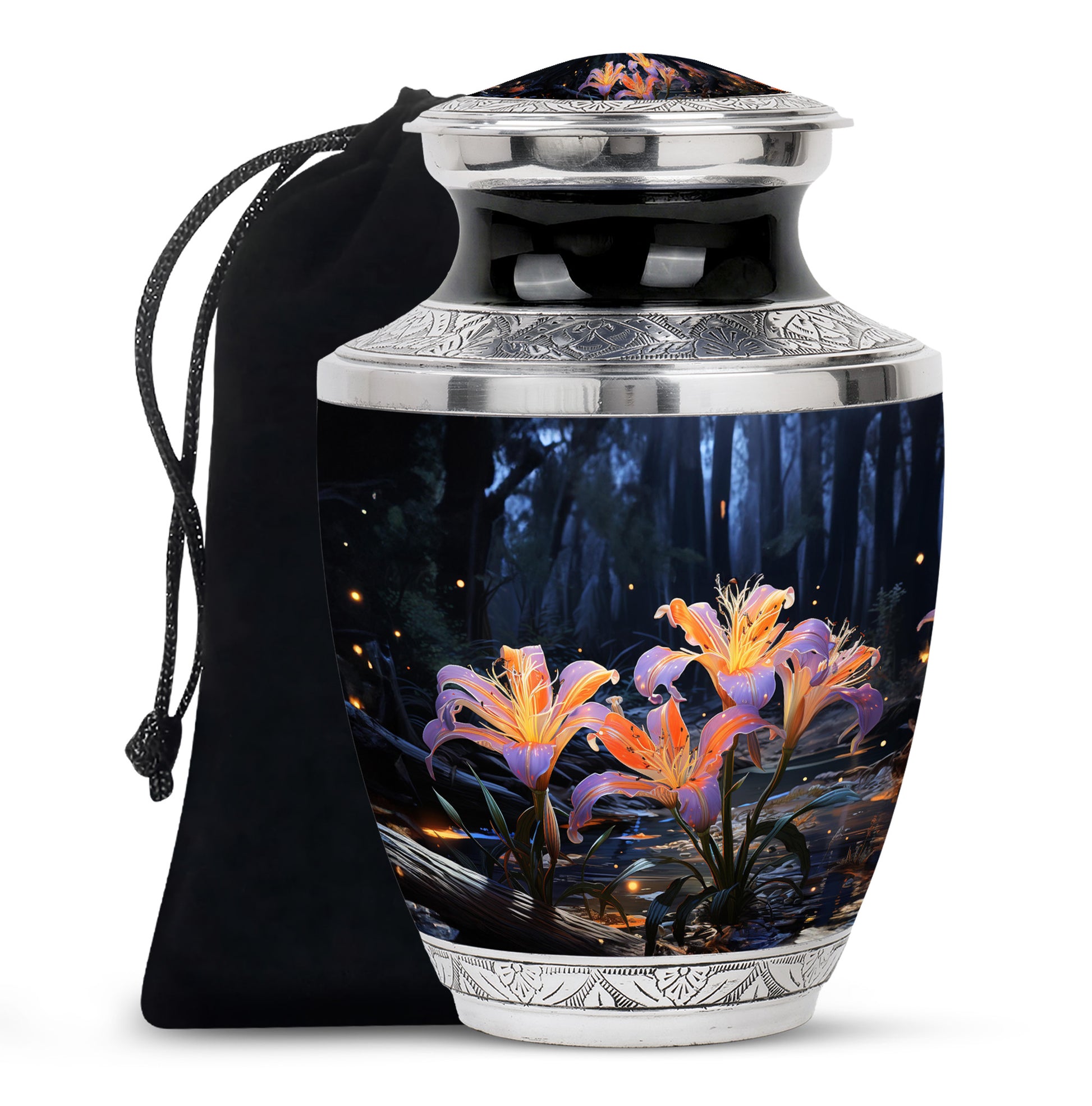 Beautiful Lily Theme Funeral Urn - Aluminum Memorial Urn For Adult Ashes