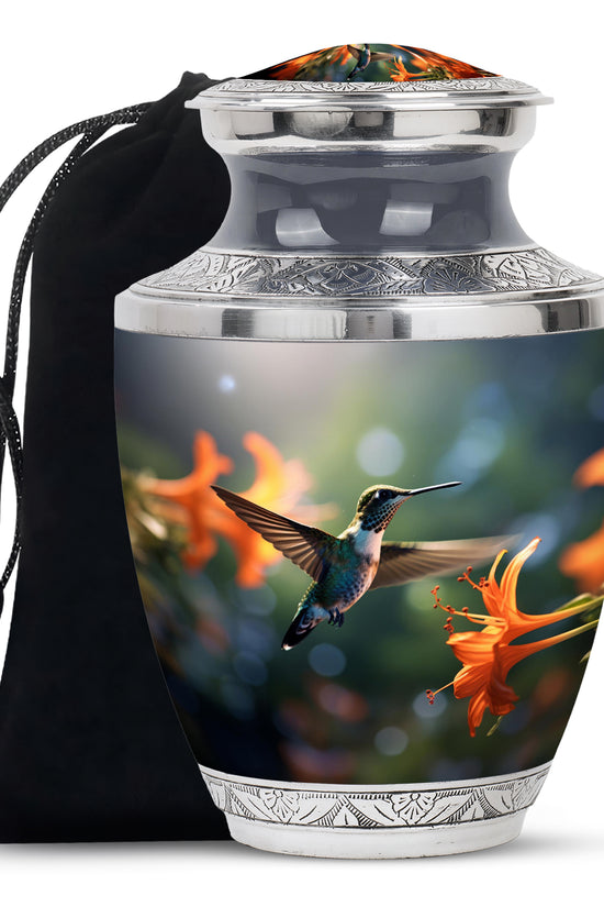 Floral Hummingbird Memorial Urn - Aluminium Cremation Urn For Adult Ashes