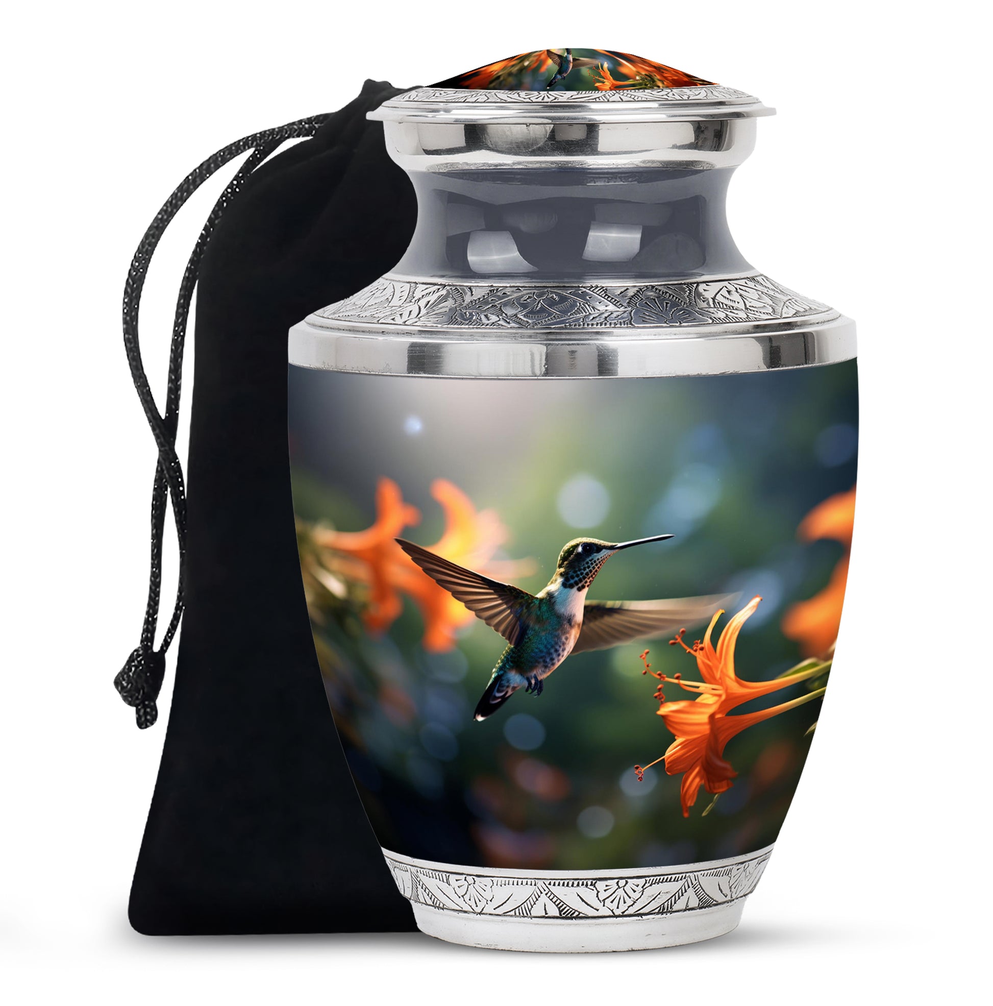 Floral Hummingbird Memorial Urn - Aluminium Cremation Urn For Adult Ashes