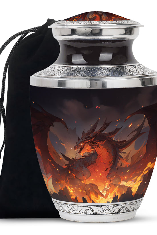 Mystic Fire Dragon Funeral Urn For Ashes - Red And Gold Burial Urn