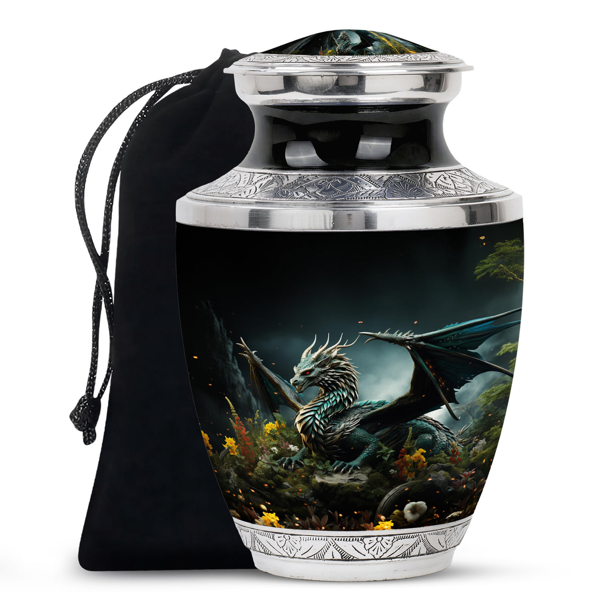 Black Dragon Theme Funeral Urn - Black Aluminium Cremation Urn For Loved Ones
