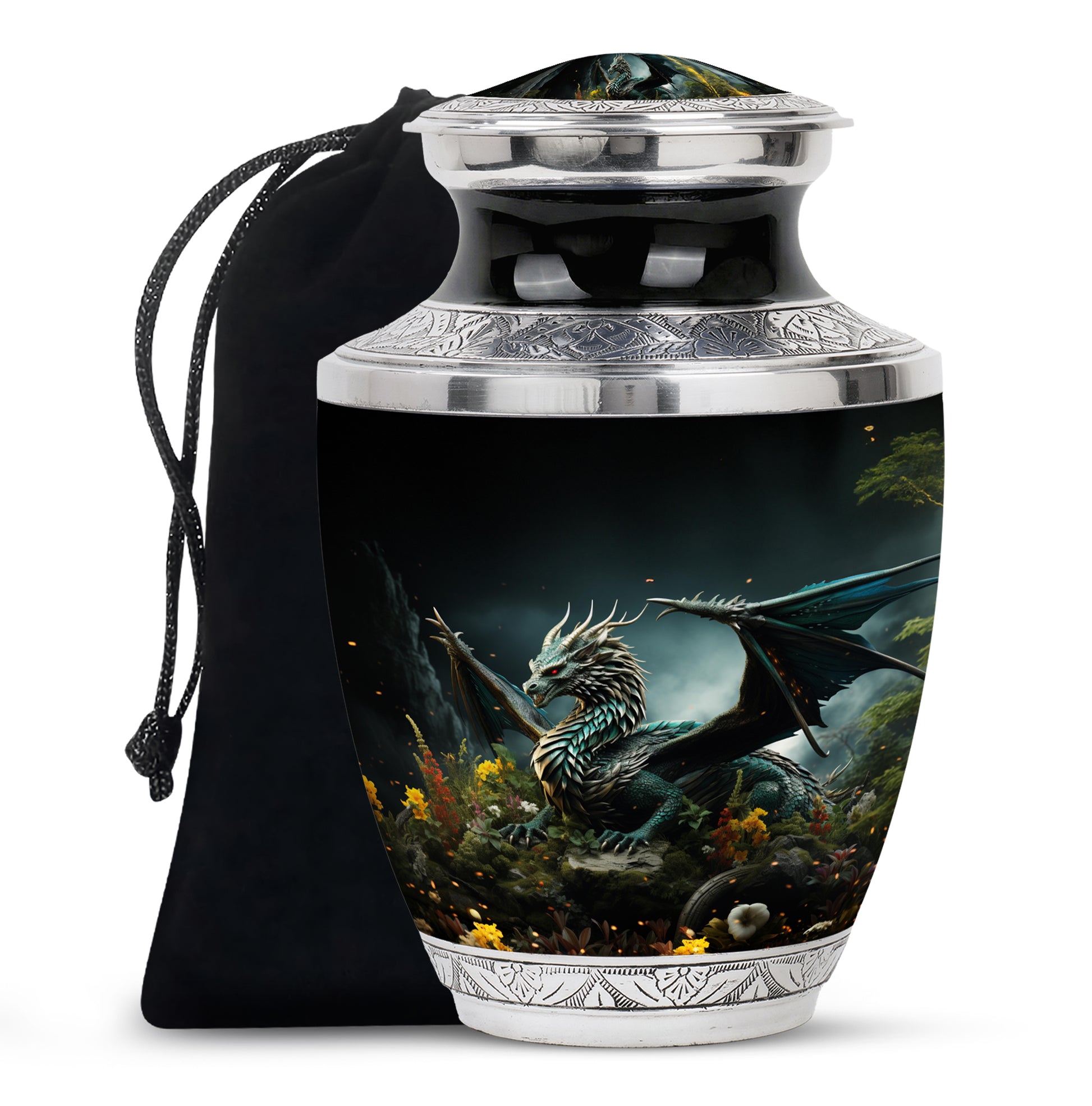 Black Dragon Theme Funeral Urn - Black Aluminium Cremation Urn For Loved Ones