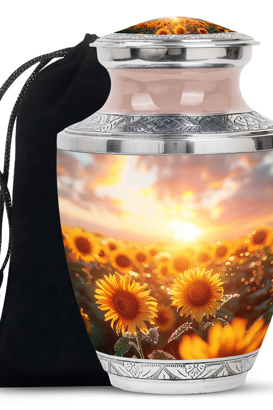 Sunset Sunflower Cremation Urn - Golden Memorial Urn For Ashes
