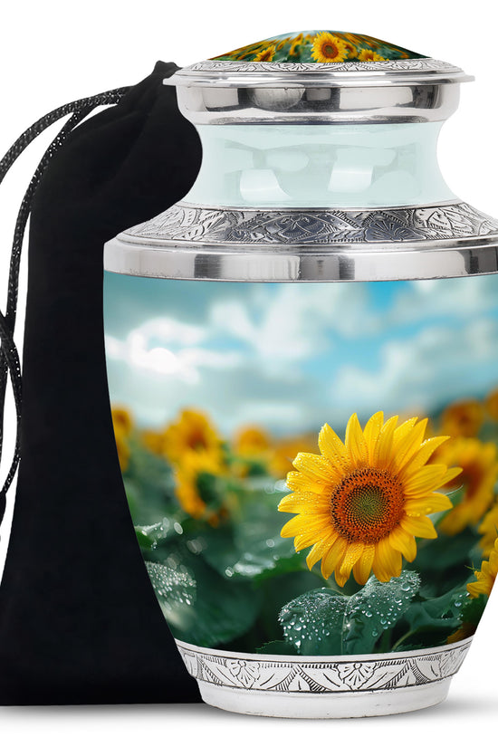 Sunflower Garden Funeral Urn - Blue Aluminum Urn For Adult Ashes