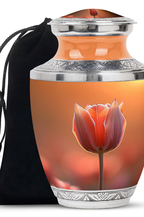 Orange Tulip Funeral Urn - Decorative Flower Cremation Urn For Human Ashes