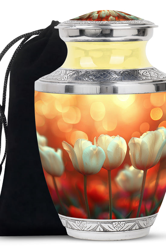 White Tulip Cremation Urn - Elegant Floral Memorial Urn For Adults