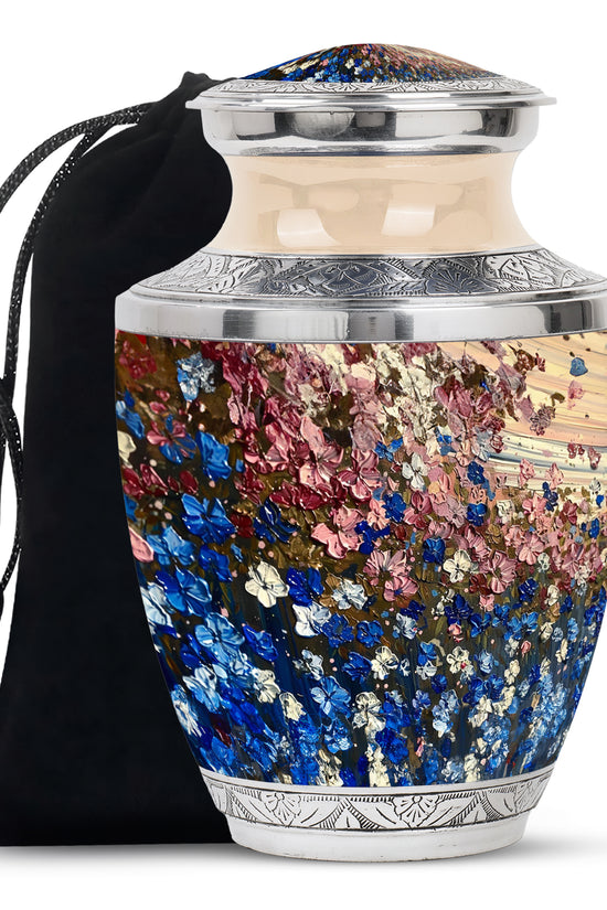 Pink & Blue Floral Funeral Urn - Artistic Memorial Urn For Human Ashes