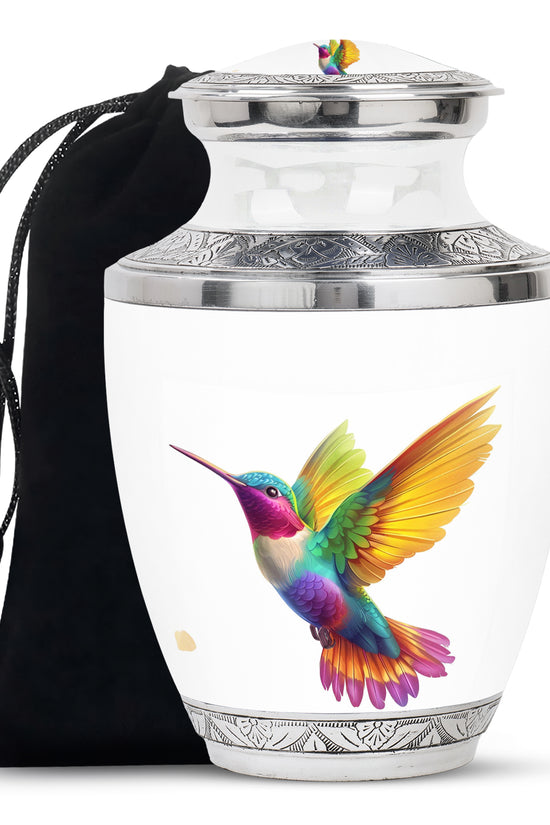 Colourful Hummingbird Cremation Urn - White Aluminium Funeral Urn For Adult Ashes