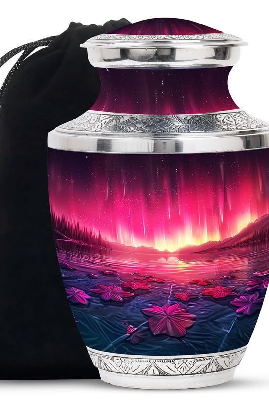 Pink Aurora Borealis Memorial Urn - Floral Lake Cremation Urn For Ashes