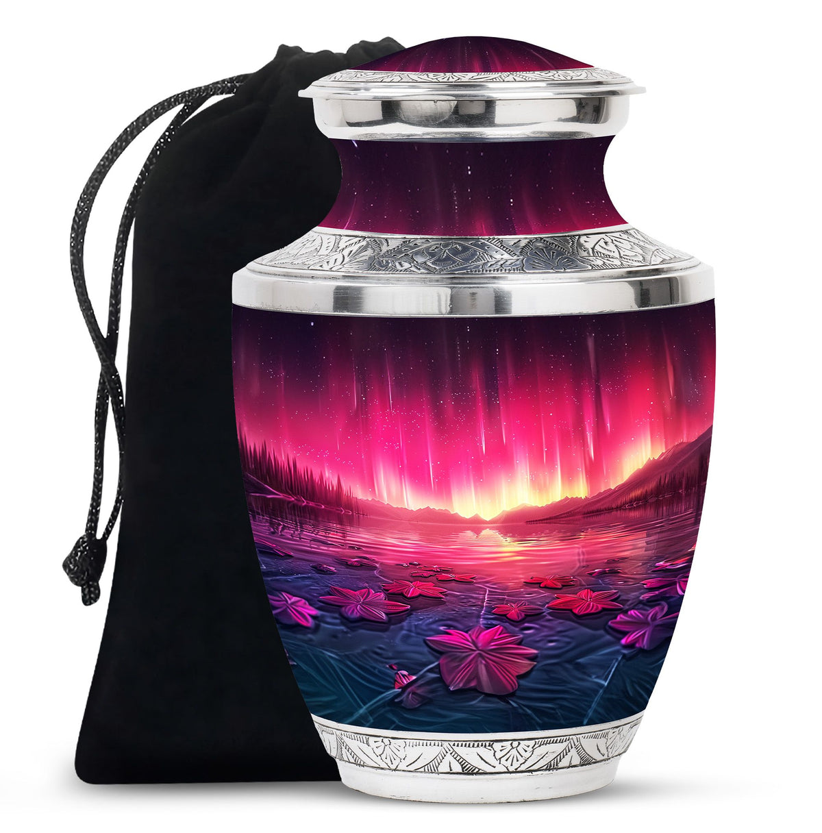 Pink Aurora Borealis Memorial Urn - Floral Lake Cremation Urn For Ashes