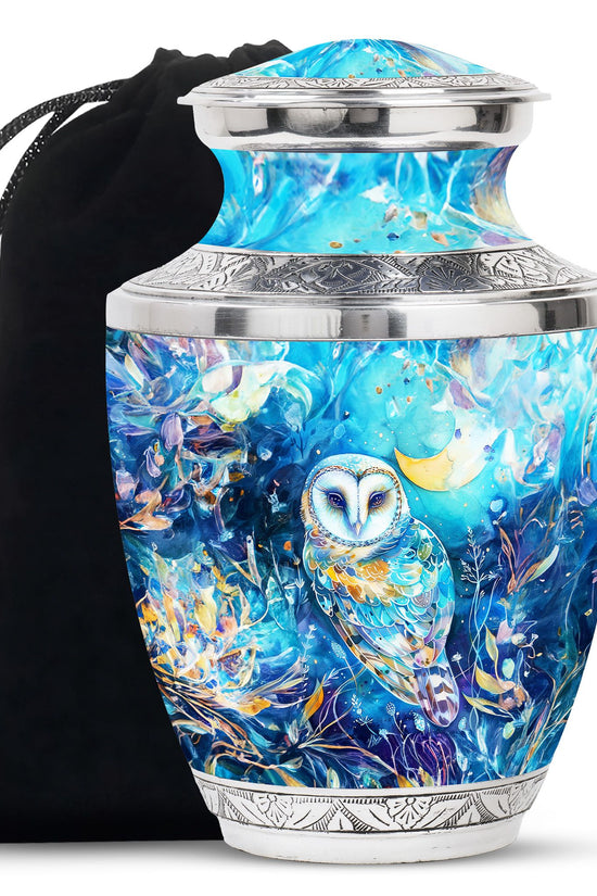 Blue Nature Memorial Owl Urn - Unique Aluminium Funeral Urn For Human Ashes