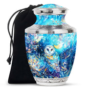 Blue Nature Memorial Owl Urn - Unique Aluminium Funeral Urn For Human Ashes