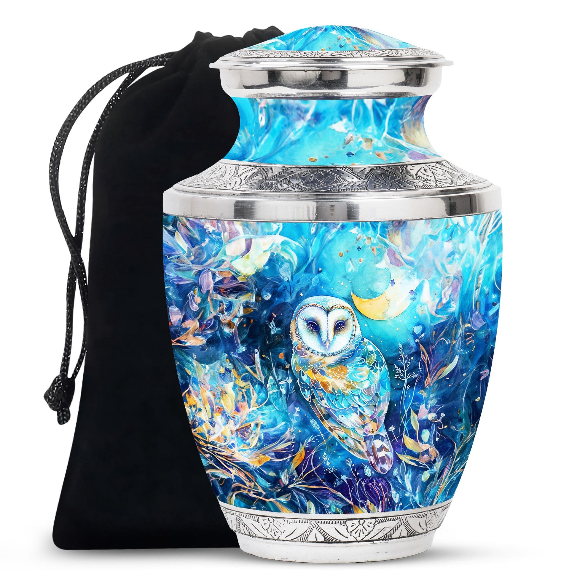 Blue Nature Memorial Owl Urn - Unique Aluminium Funeral Urn For Human Ashes