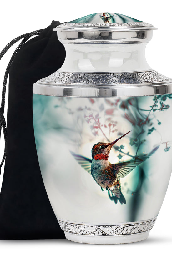 Peaceful Hummingbird Memorial Urn - White Aluminium Funeral Urn For Loved Ones