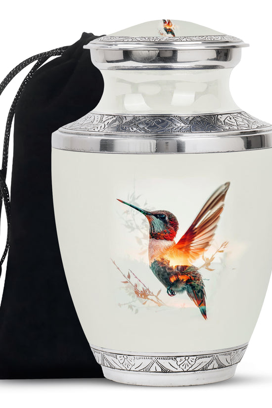 Artistic White Hummingbird Memorial Urn – Modern Funeral Urn For Ashes