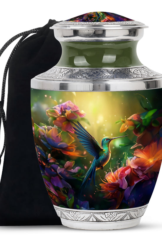 Artistic Floral Hummingbird Cremation Urn - Premium Aluminum Urn For Ashes