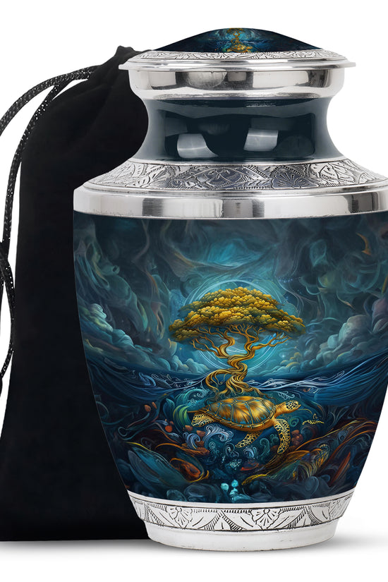 Sea Turtle Tree Cremation Urn - Blue Aluminium Memorial Urn For Loved Ones