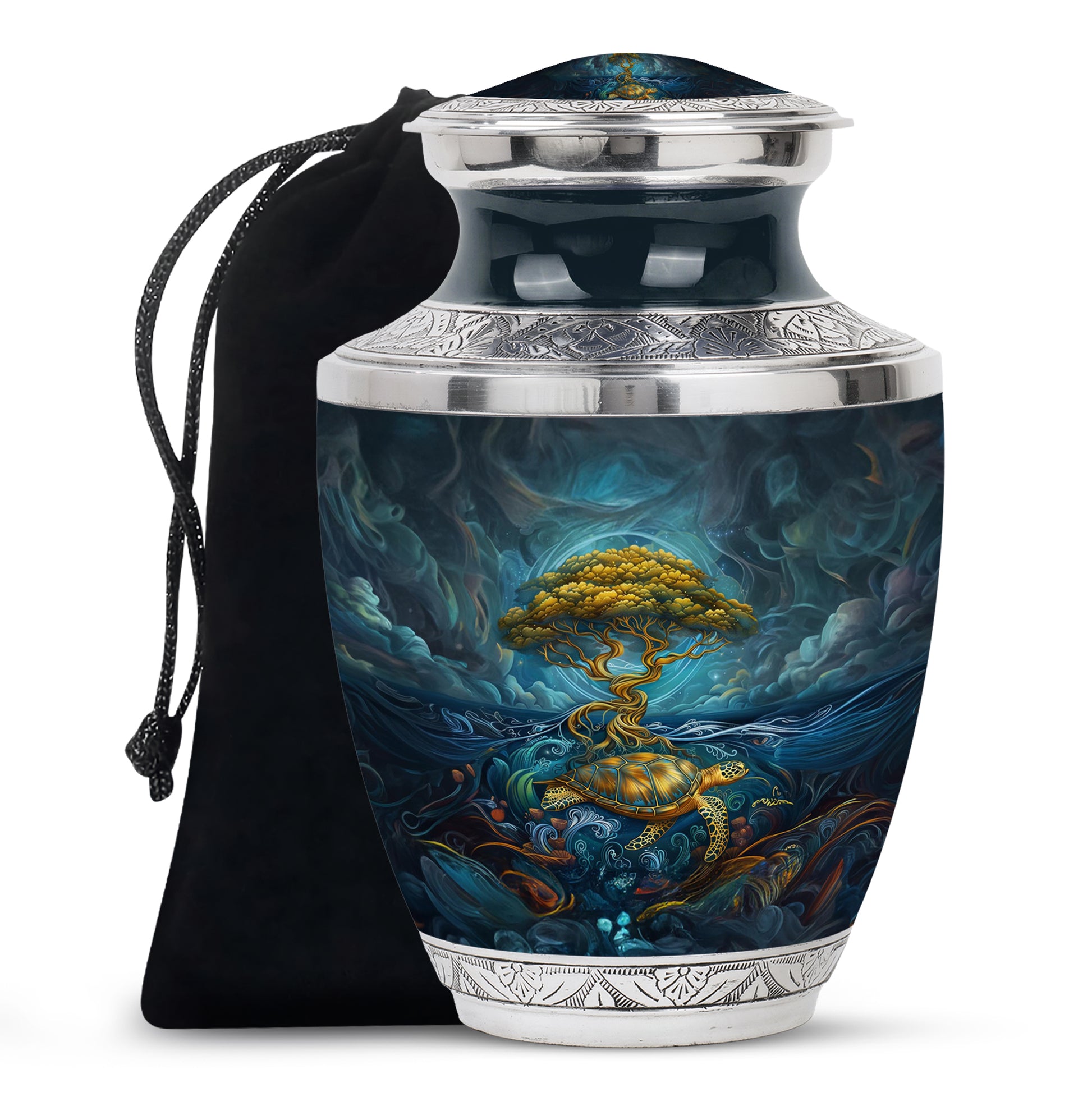 Sea Turtle Tree Cremation Urn - Blue Aluminium Memorial Urn For Loved Ones