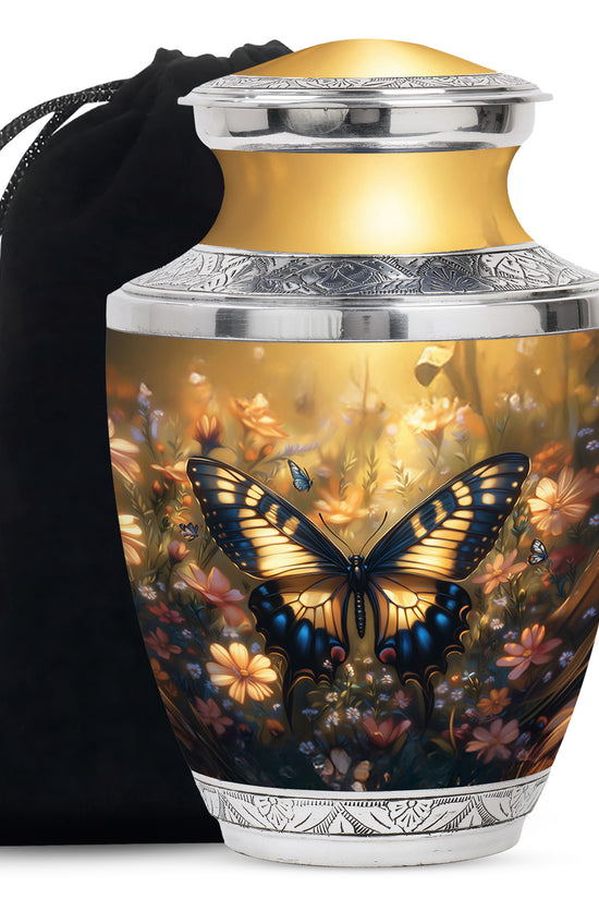 Yellow Monarch Flying Butterfly Large Cremation Urn For Adult Human Ashes
