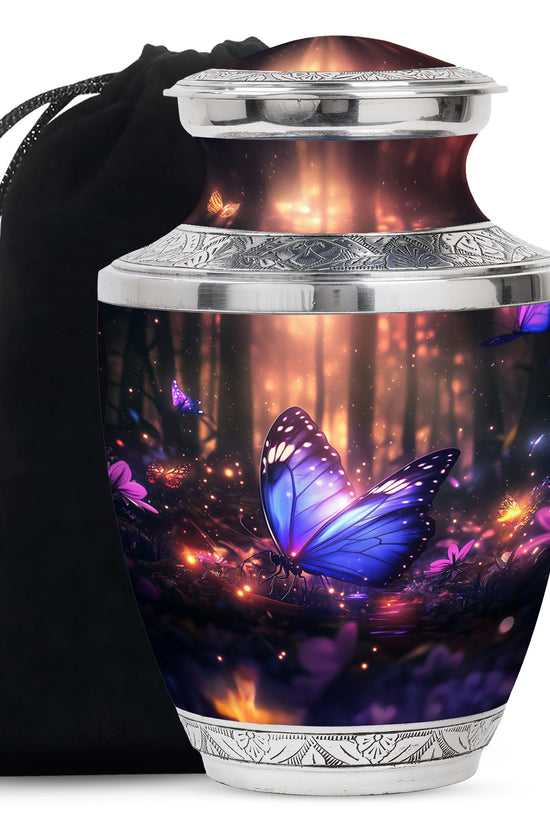 Blue Majestic Butterfly Memorial Urn - Mystical Forest Funeral Urn