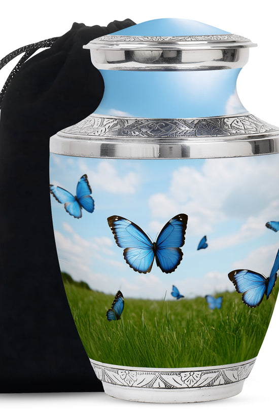 Blue Butterflies Memorial Urn - Large Decorative Urn For Human Ashes