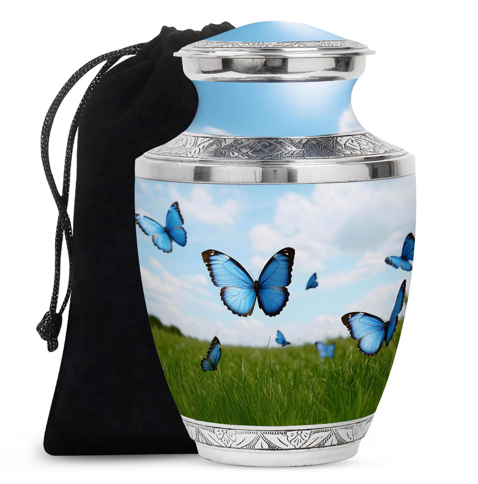 Blue Butterflies Memorial Urn - Large Decorative Urn For Human Ashes