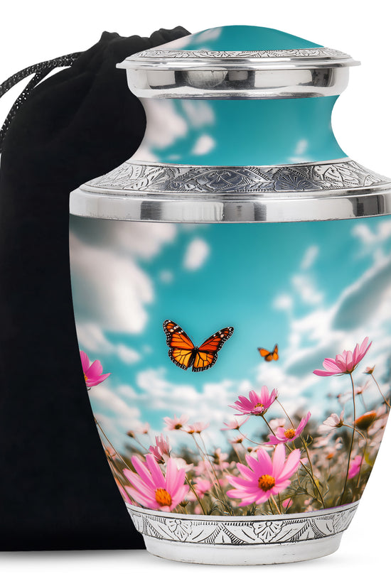 Monarch Butterflt Urn For Mom - Blue Sky Floral Urn For Women