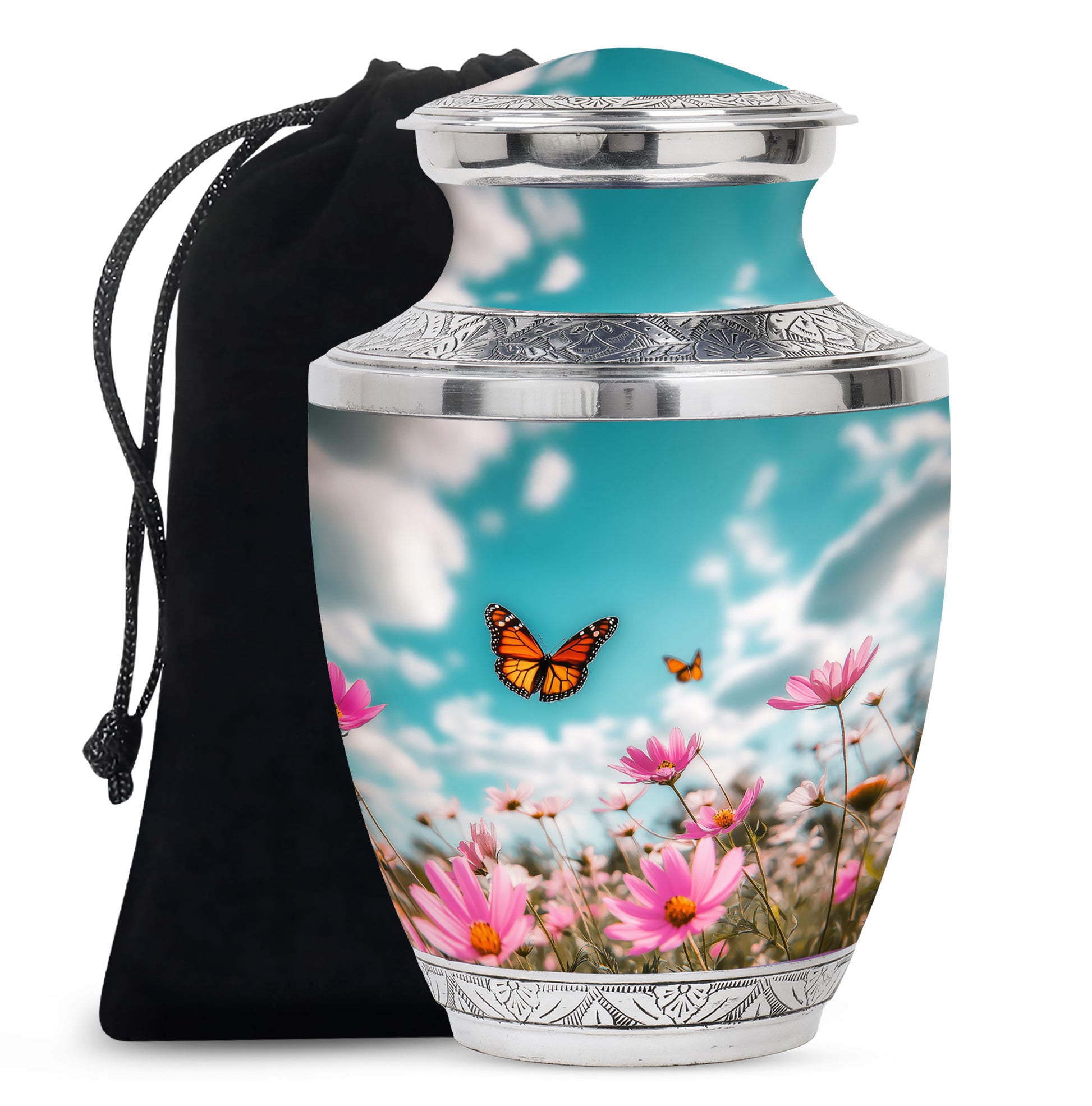 Monarch Butterflt Urn For Mom - Blue Sky Floral Urn For Women