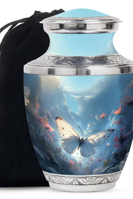 Dreamlike White Butterfly Urn For Human Ashes - Floral Memorial Urn