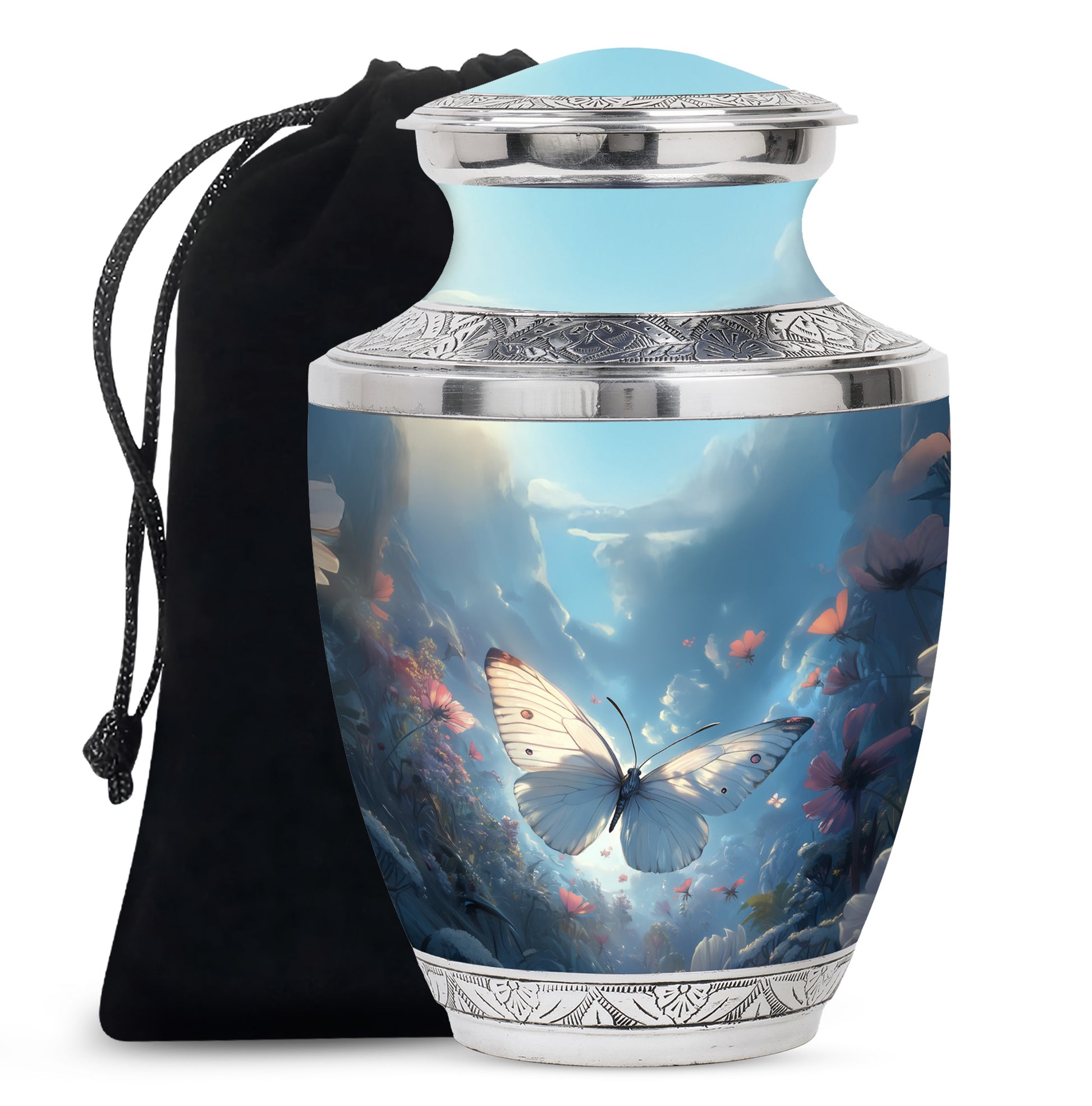 Dreamlike White Butterfly Urn For Human Ashes - Floral Memorial Urn