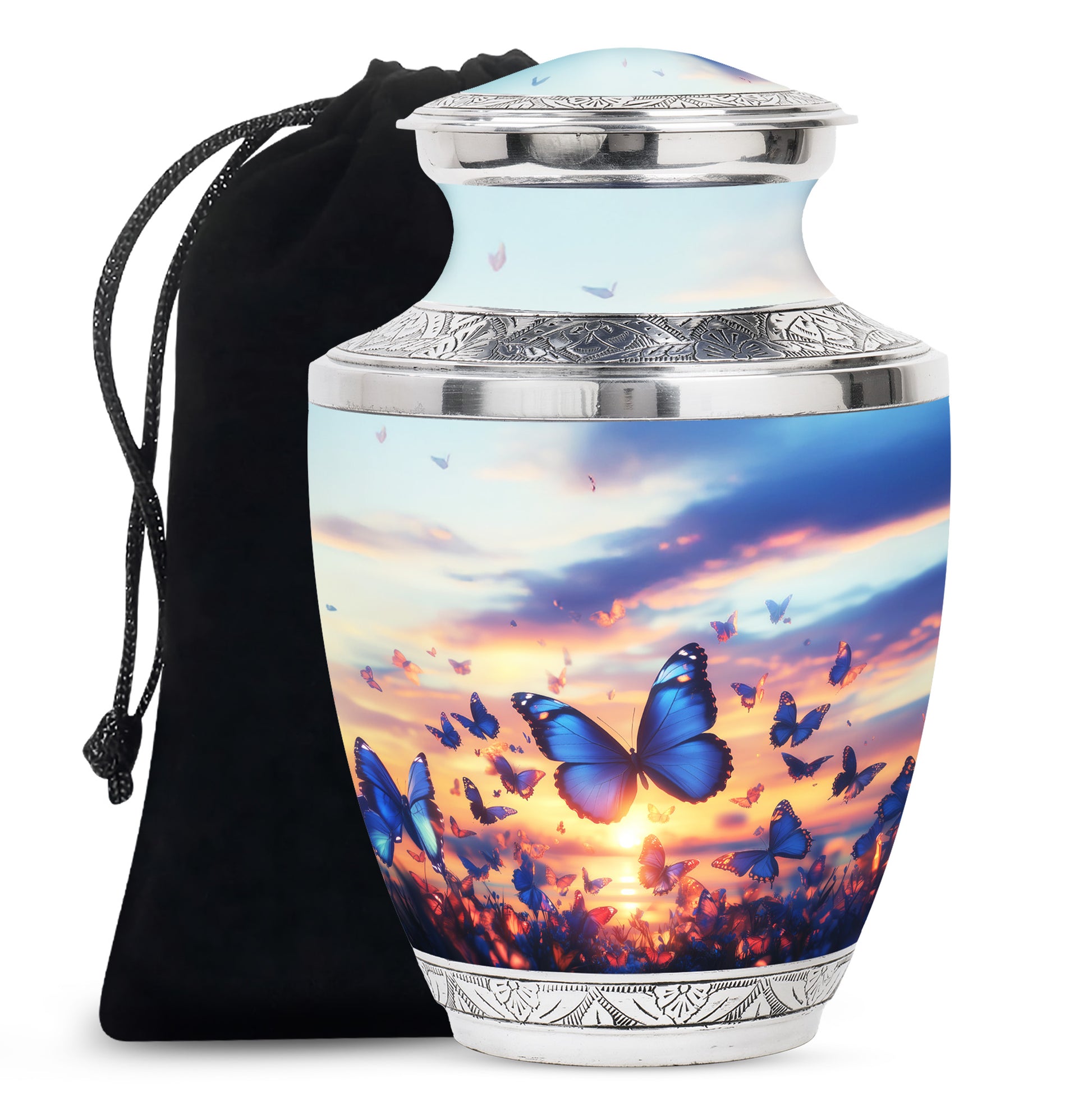 Blue Butterflies Memorial Urn - Sunset Cremation Urn For Women