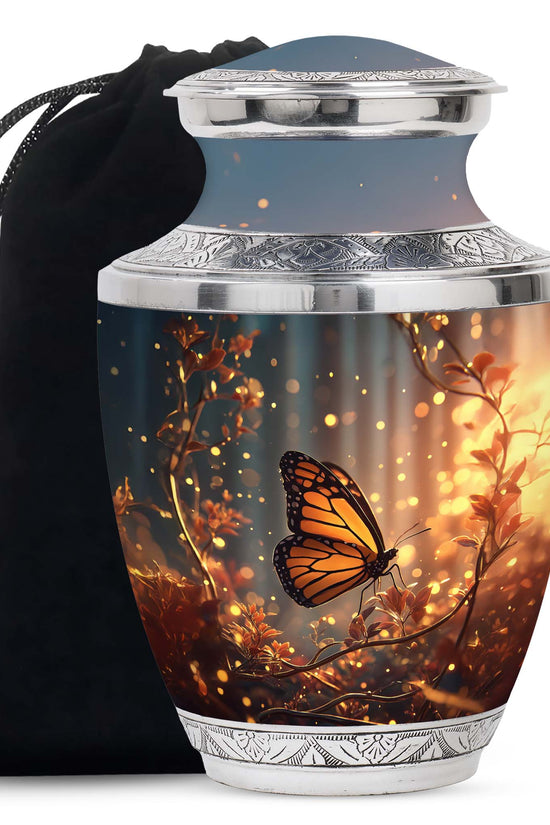 Orange Monarch Butterfly Ashes Urn - Yellow Tulip Cremation Urn