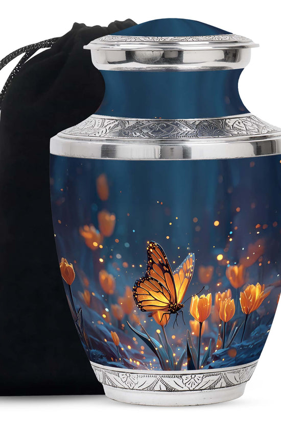 Moonlit Monarch Butterfly Urn - Tulip Floral Urn For Cremation