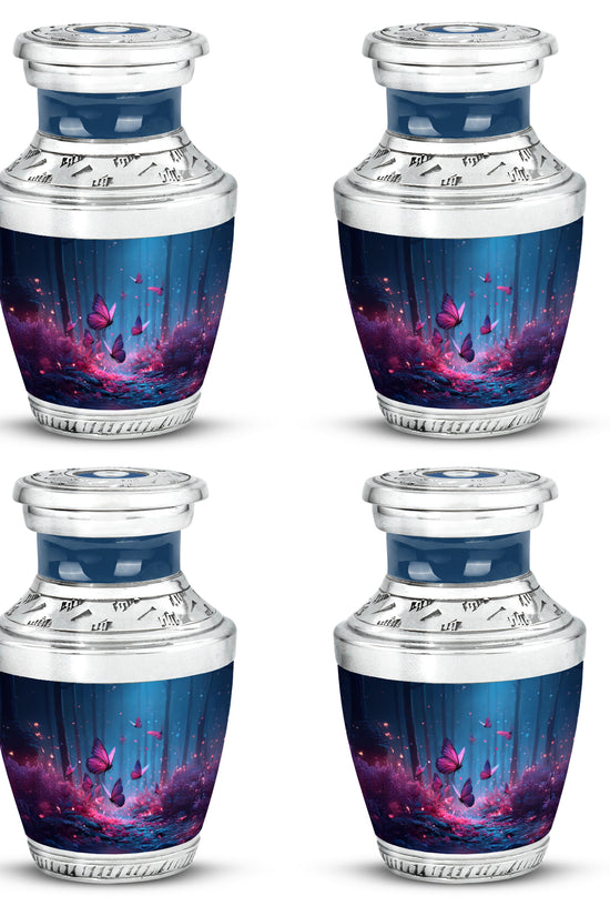 Cornflower Blue Butterfly Cremation Urn back view with polished surface - artistic butterfly interpretation with creative detail - 10 inch aluminum urn for cremated remains
