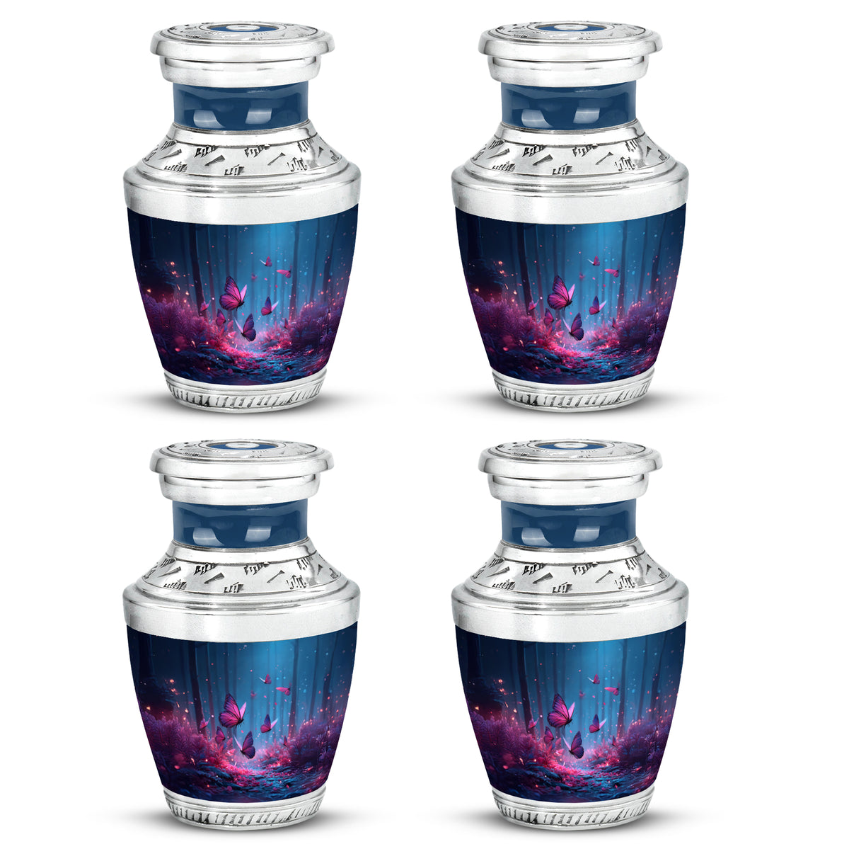 Cornflower Blue Butterfly Cremation Urn back view with polished surface - artistic butterfly interpretation with creative detail - 10 inch aluminum urn for cremated remains