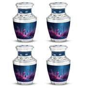 Cornflower Blue Butterfly Cremation Urn back view with polished surface - artistic butterfly interpretation with creative detail - 10 inch aluminum urn for cremated remains