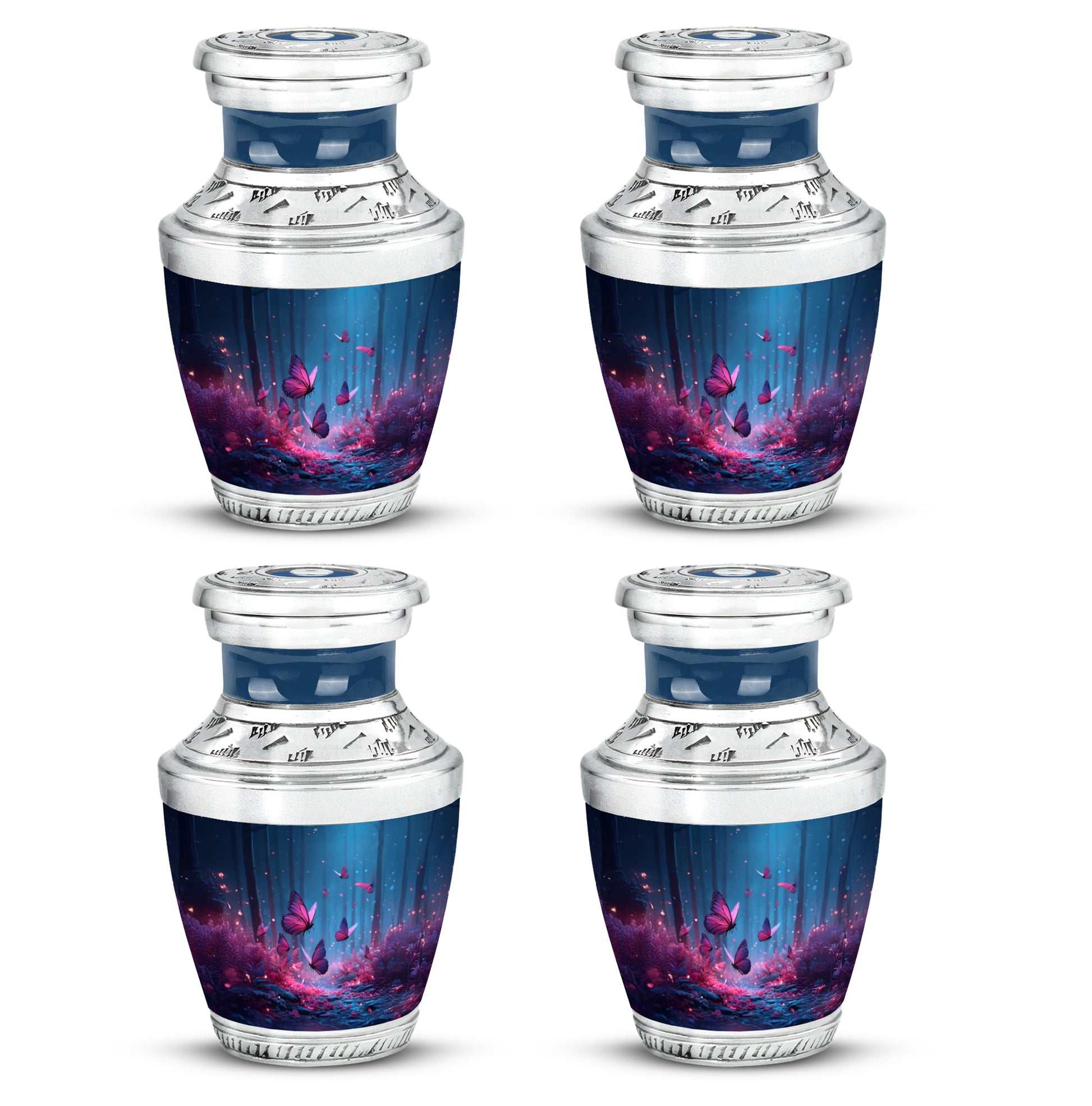 Cornflower Blue Butterfly Cremation Urn back view with polished surface - artistic butterfly interpretation with creative detail - 10 inch aluminum urn for cremated remains