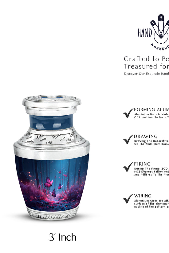 Cornflower Blue Butterfly Cremation Urn top-down view of secure threaded lid - stylized abstract butterfly pattern with bold lines - mini keepsake memorial for portion of cremation ashes