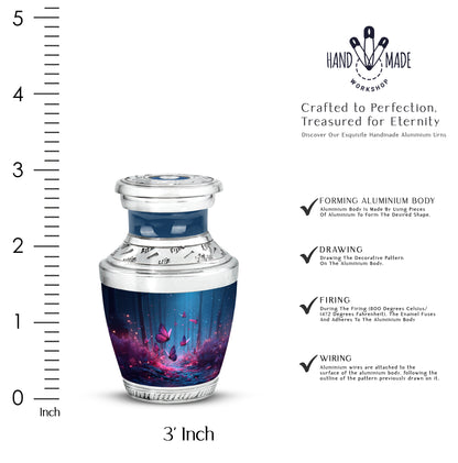 Cornflower Blue Butterfly Cremation Urn top-down view of secure threaded lid - stylized abstract butterfly pattern with bold lines - mini keepsake memorial for portion of cremation ashes